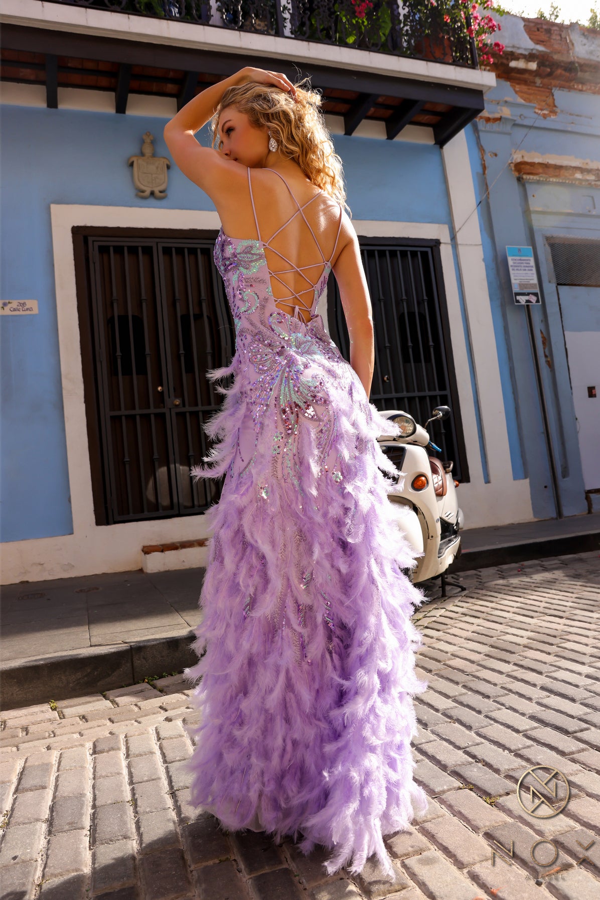 C1413 - V-Neck Sequin Gown with Feathered Detailed Skirt
