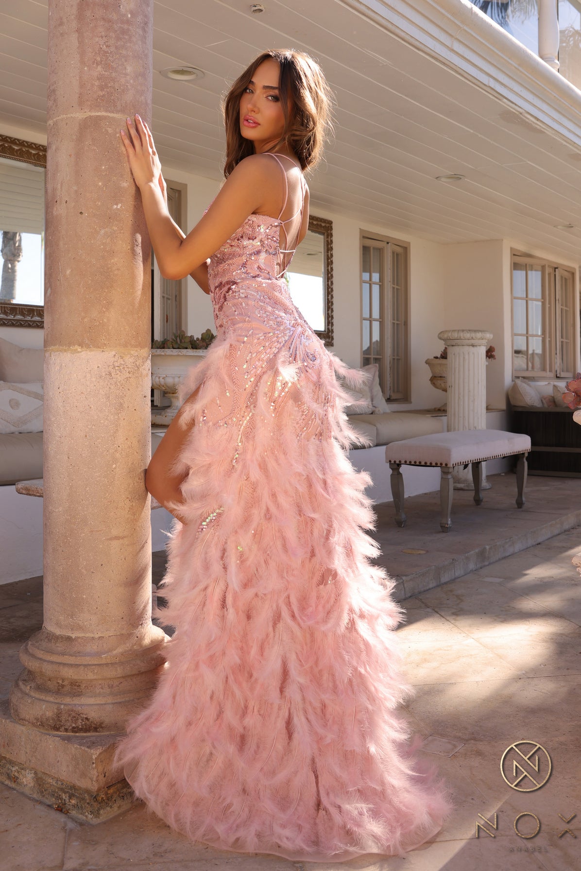 C1413 - V-Neck Sequin Gown with Feathered Detailed Skirt