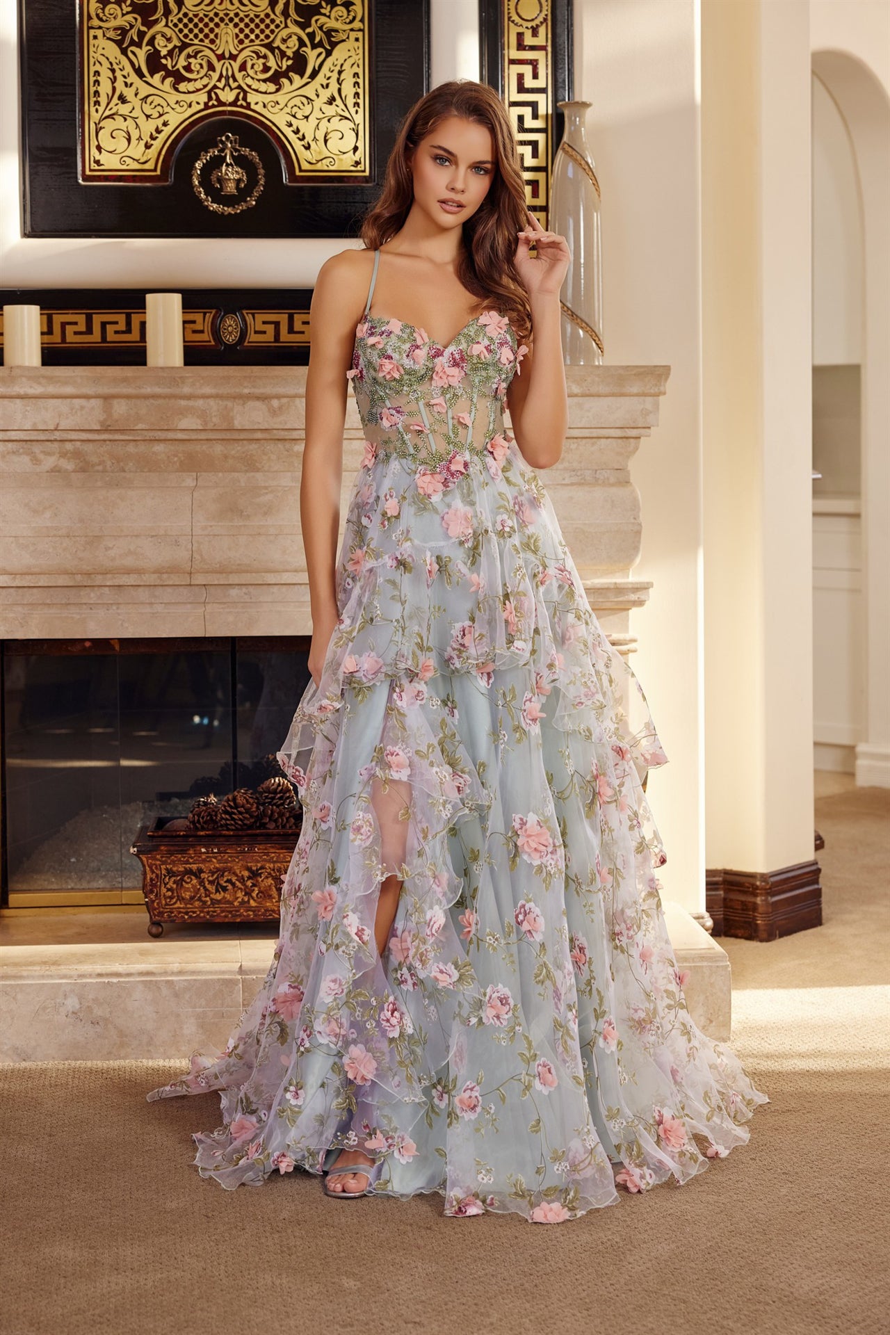 G1783 - LONG ORGANZA BALL GOWN WITH FULL FLOWER APPLIQUE V BUSTLINE