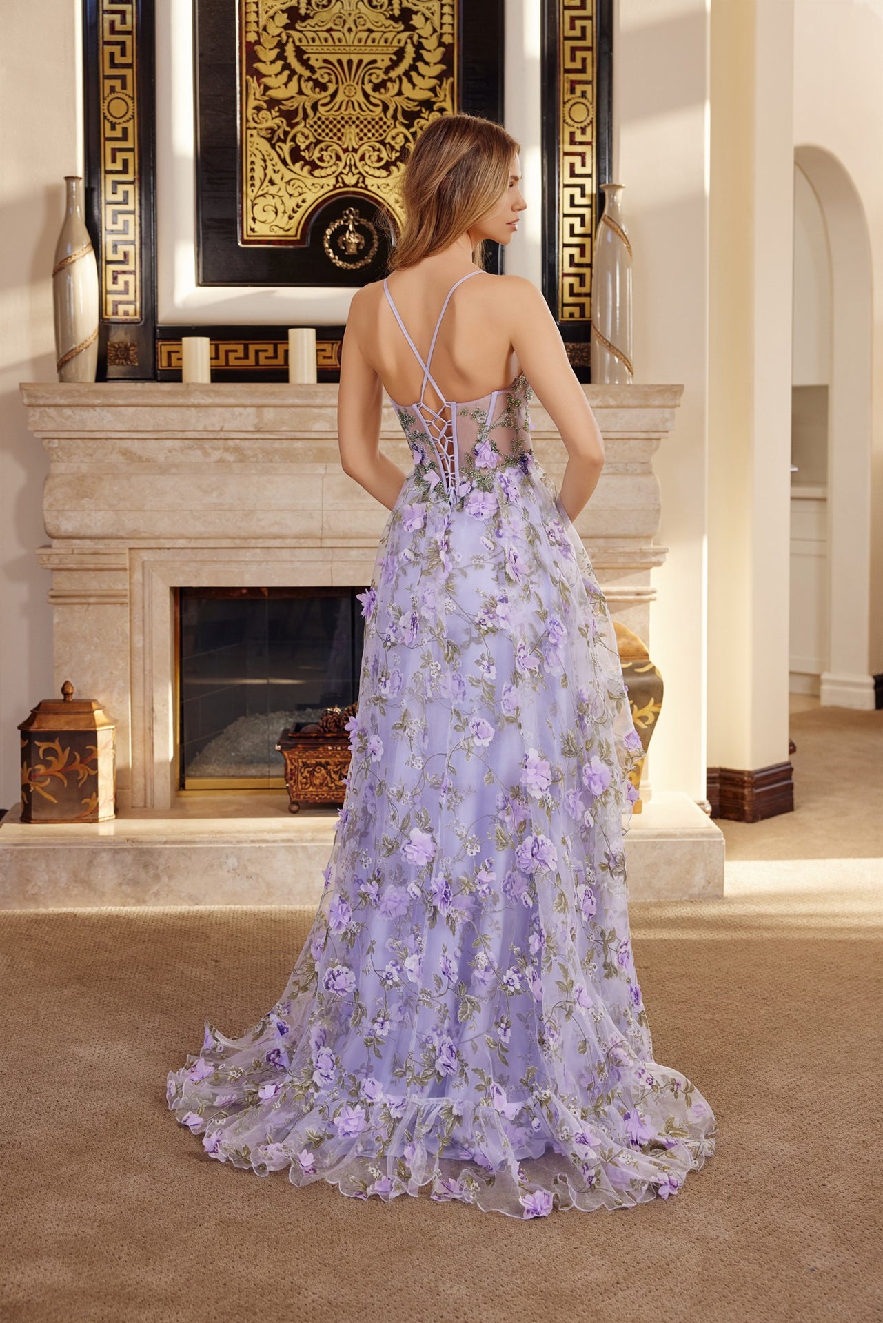 G1783 - LONG ORGANZA BALL GOWN WITH FULL FLOWER APPLIQUE V BUSTLINE