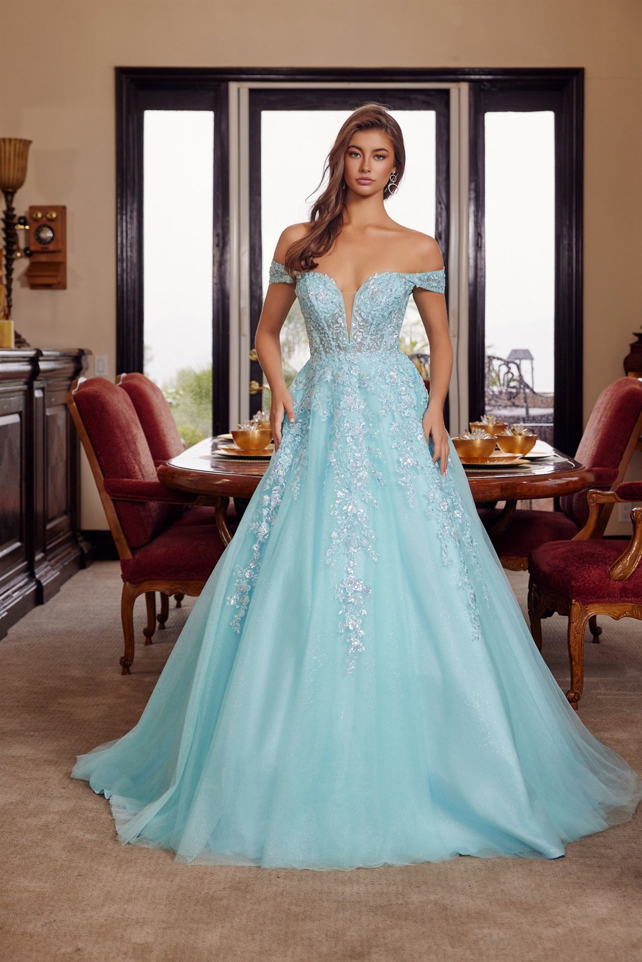 H1881 - PLUNGING V NECKLINE BALL GOWN WITH A SHEER BONED WAISTLINE