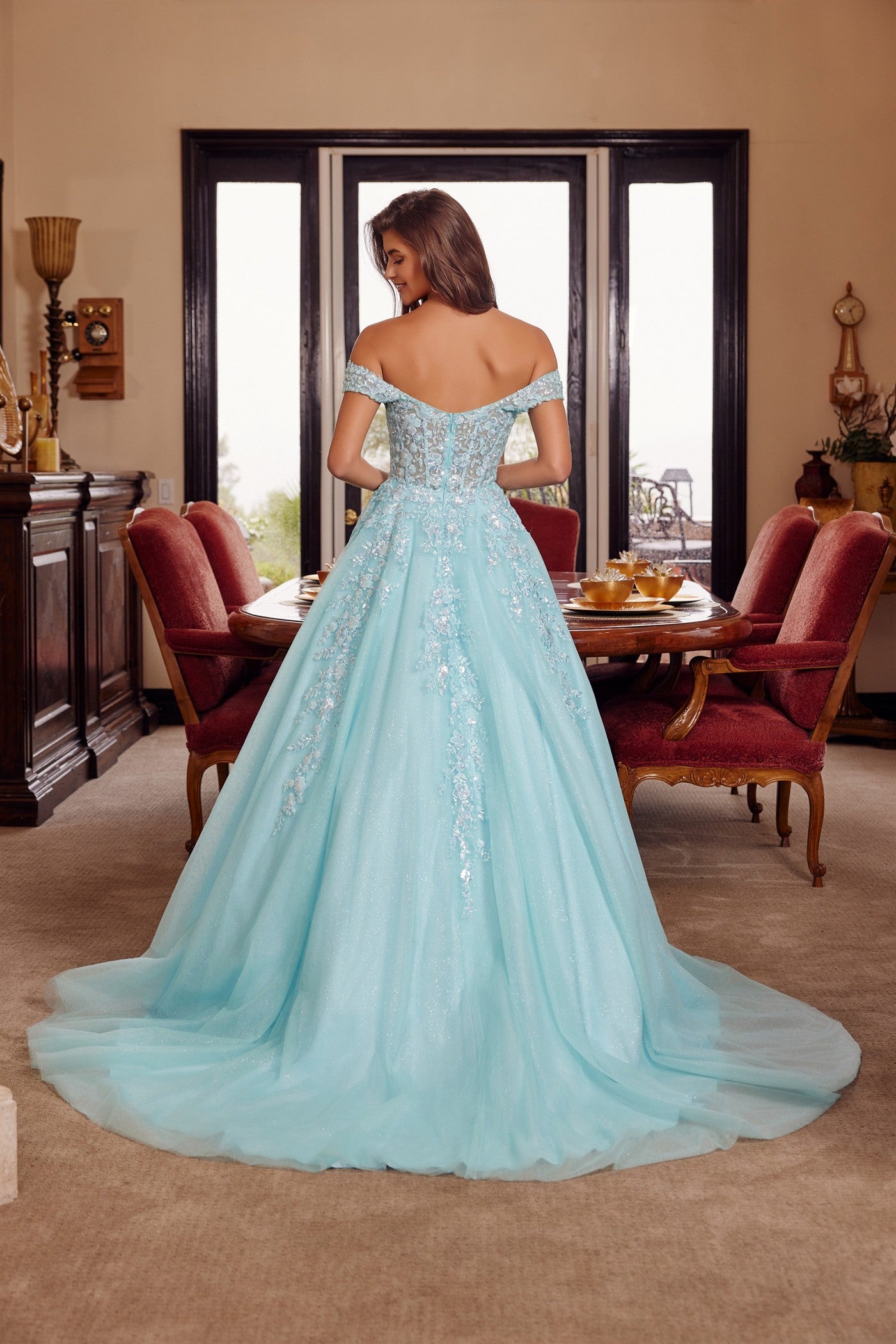 H1881 - PLUNGING V NECKLINE BALL GOWN WITH A SHEER BONED WAISTLINE
