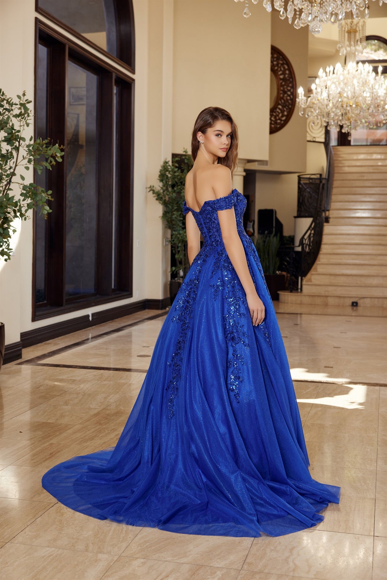 H1881 - PLUNGING V NECKLINE BALL GOWN WITH A SHEER BONED WAISTLINE