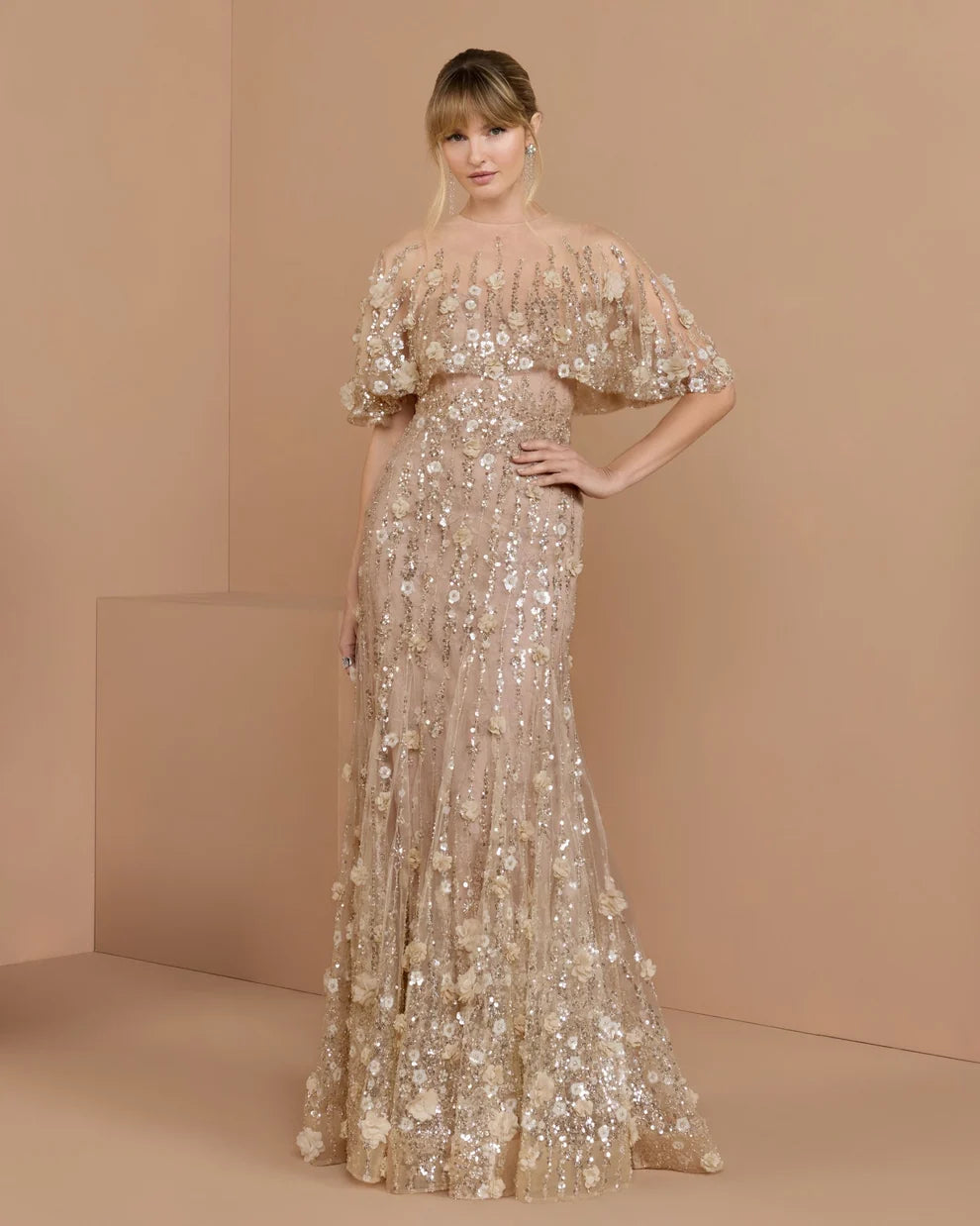 Mac Duggal Almond Embellished Cape Sleeve Evening Gown