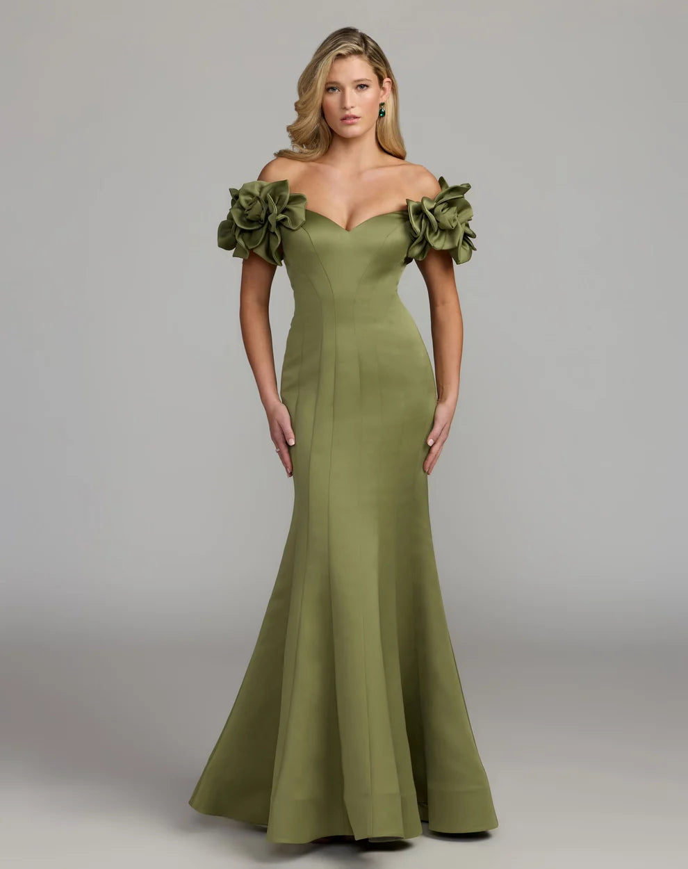 Ieena for Mac Duggal Pear Off-the-Shoulder Gown with 3D Floral Sleeves
