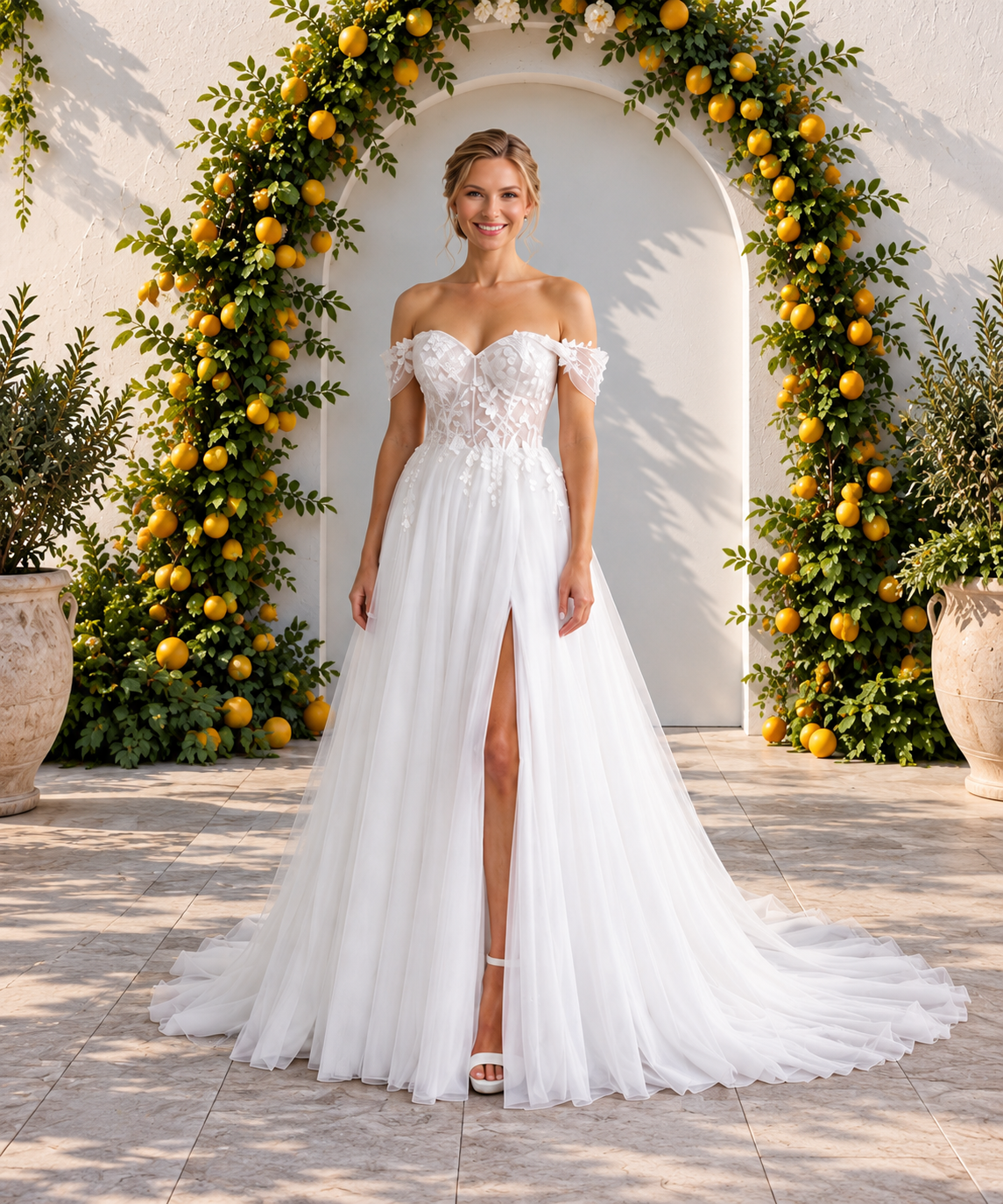 Off-the-Shoulder Lace A-Line Wedding Dress with Slit