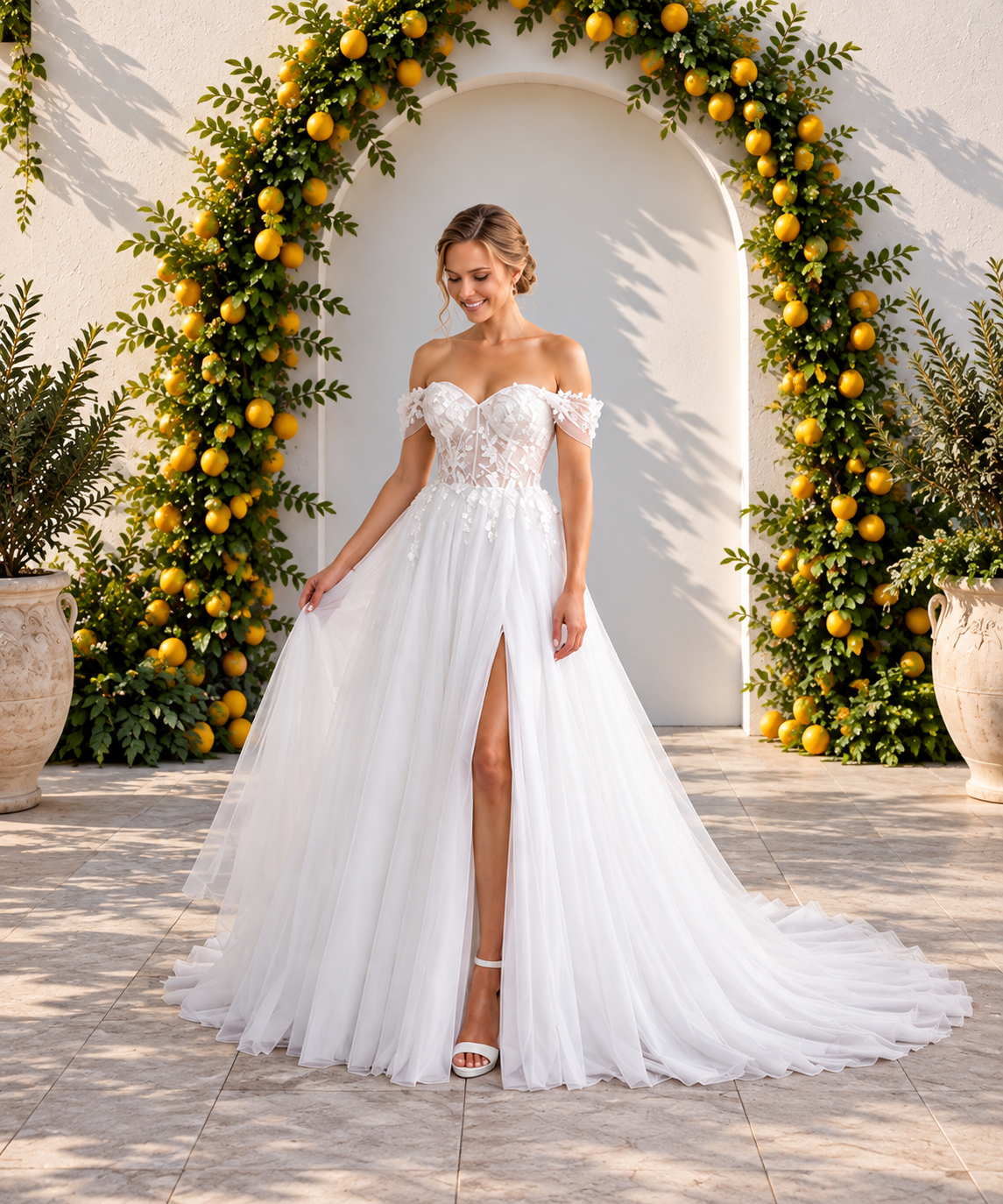 Off-the-Shoulder Lace A-Line Wedding Dress with Slit