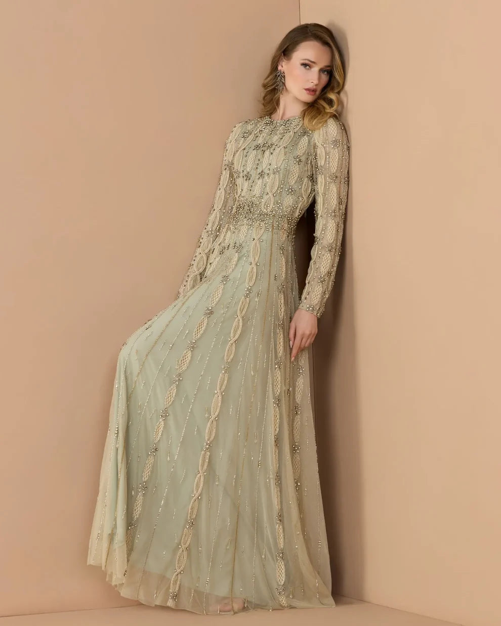 Mac Duggal Nude Sage Embellished Illusion Sleeve A-Line Gown
