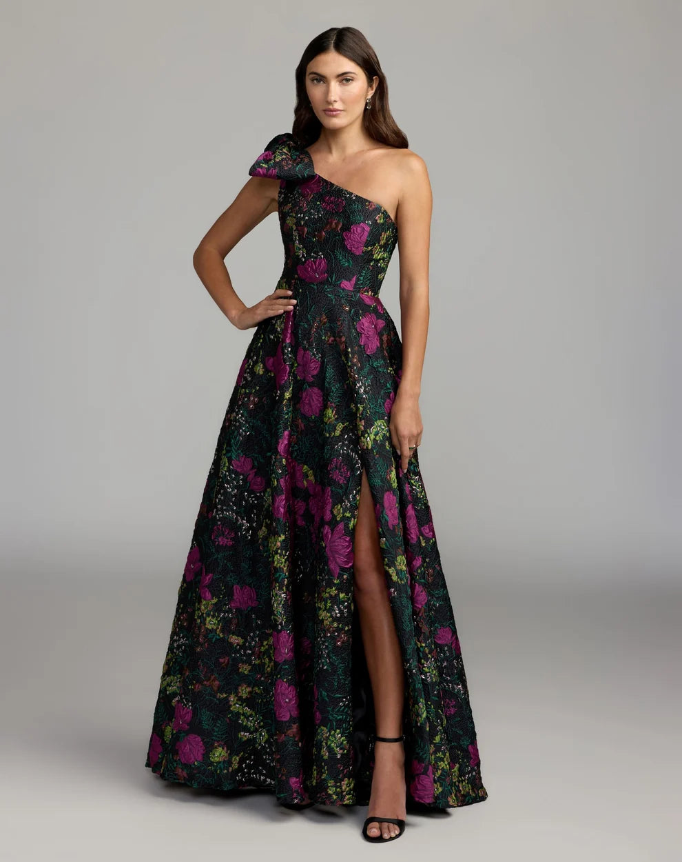 Mac Duggal Petite Black Multi One-Shoulder Brocade Floral Gown with Bow