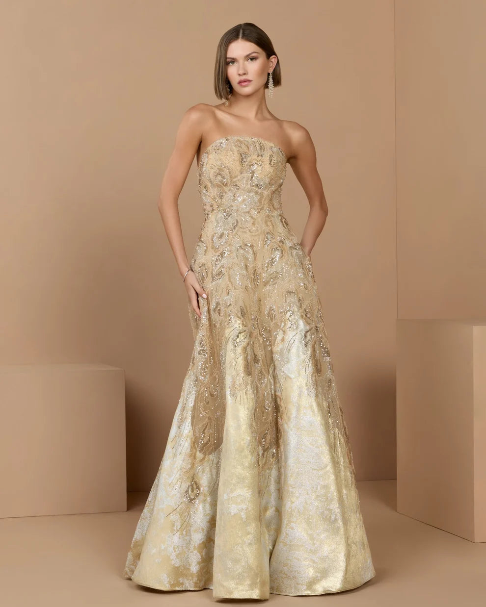 Mac Duggal Champagne Strapless Embellished Brocade A-Line Gown