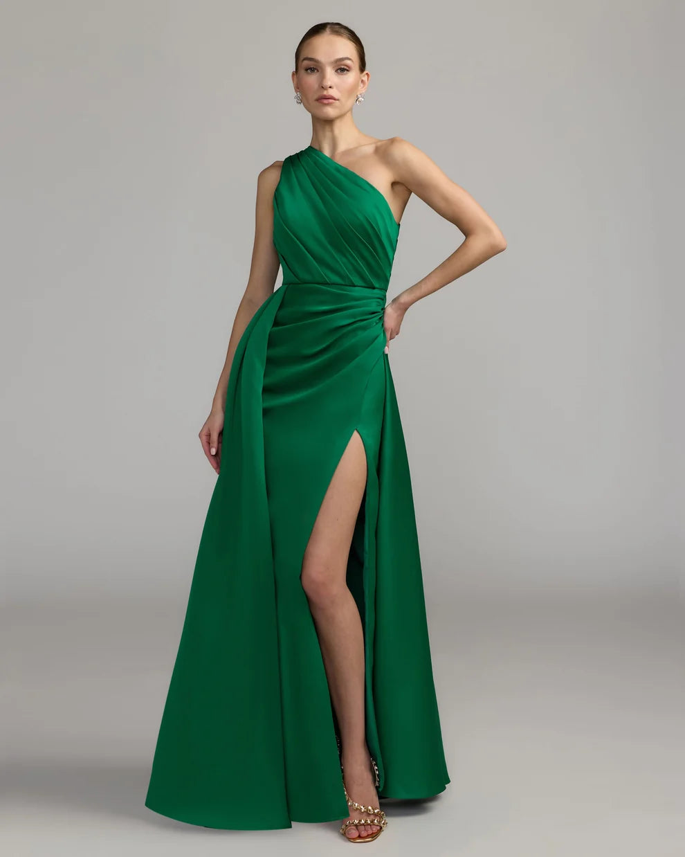 Mac Duggal Emerald One-Shoulder Satin Gown with Overskirt
