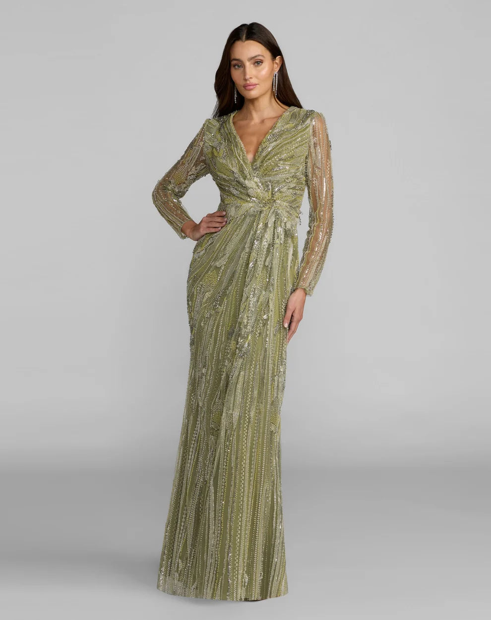 Mac Duggal Pistachio Hand-Embellished V-Neck Column Gown