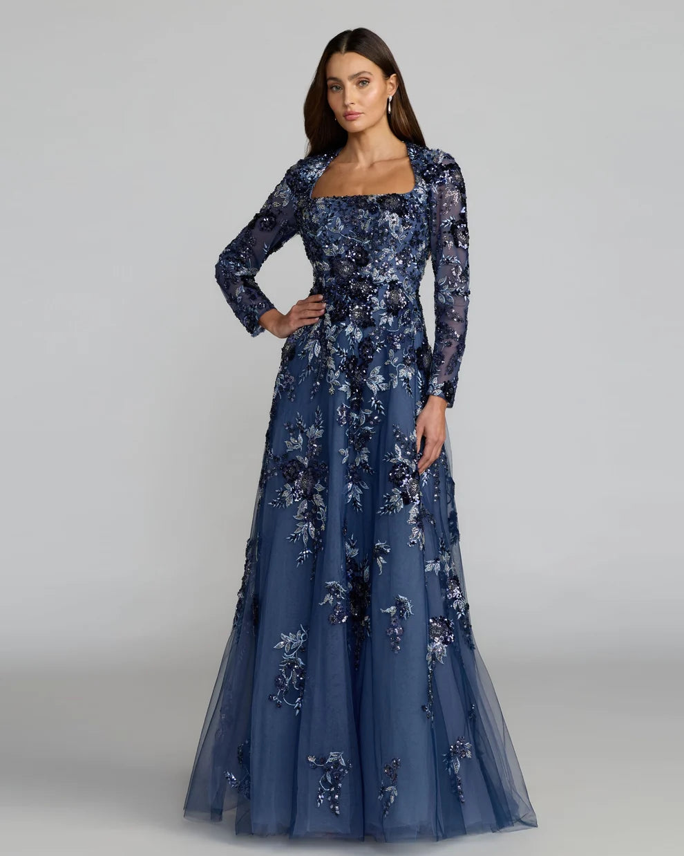 Mac Duggal Moody Blue Embellished Floral A-Line Gown