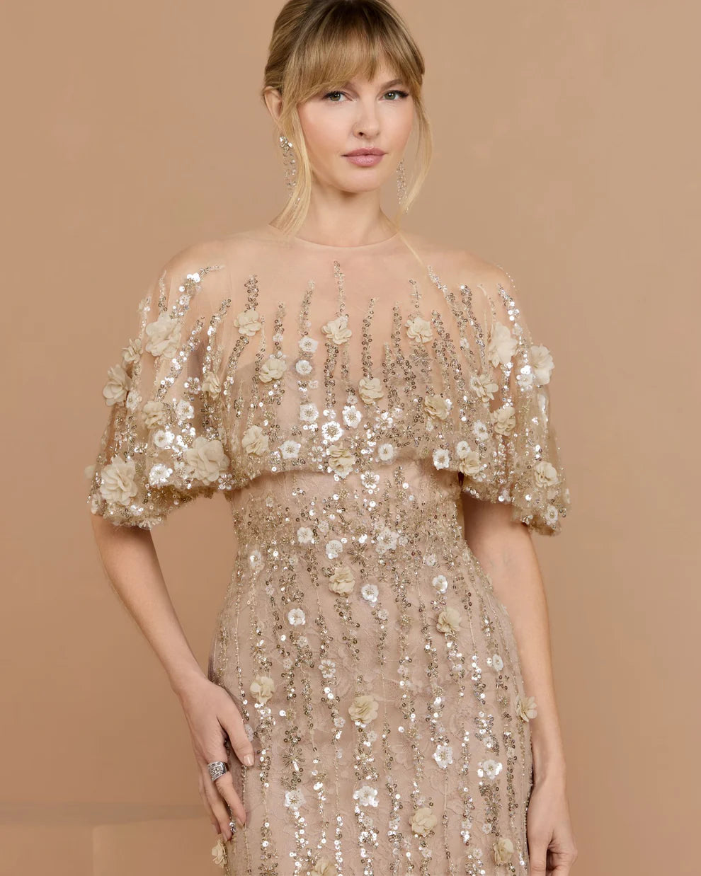 Mac Duggal Almond Embellished Cape Sleeve Evening Gown