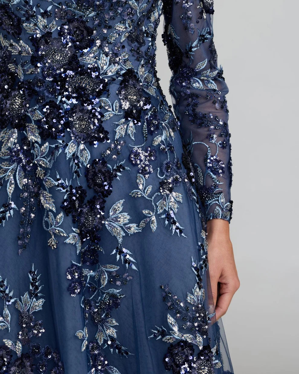 Mac Duggal Moody Blue Embellished Floral A-Line Gown