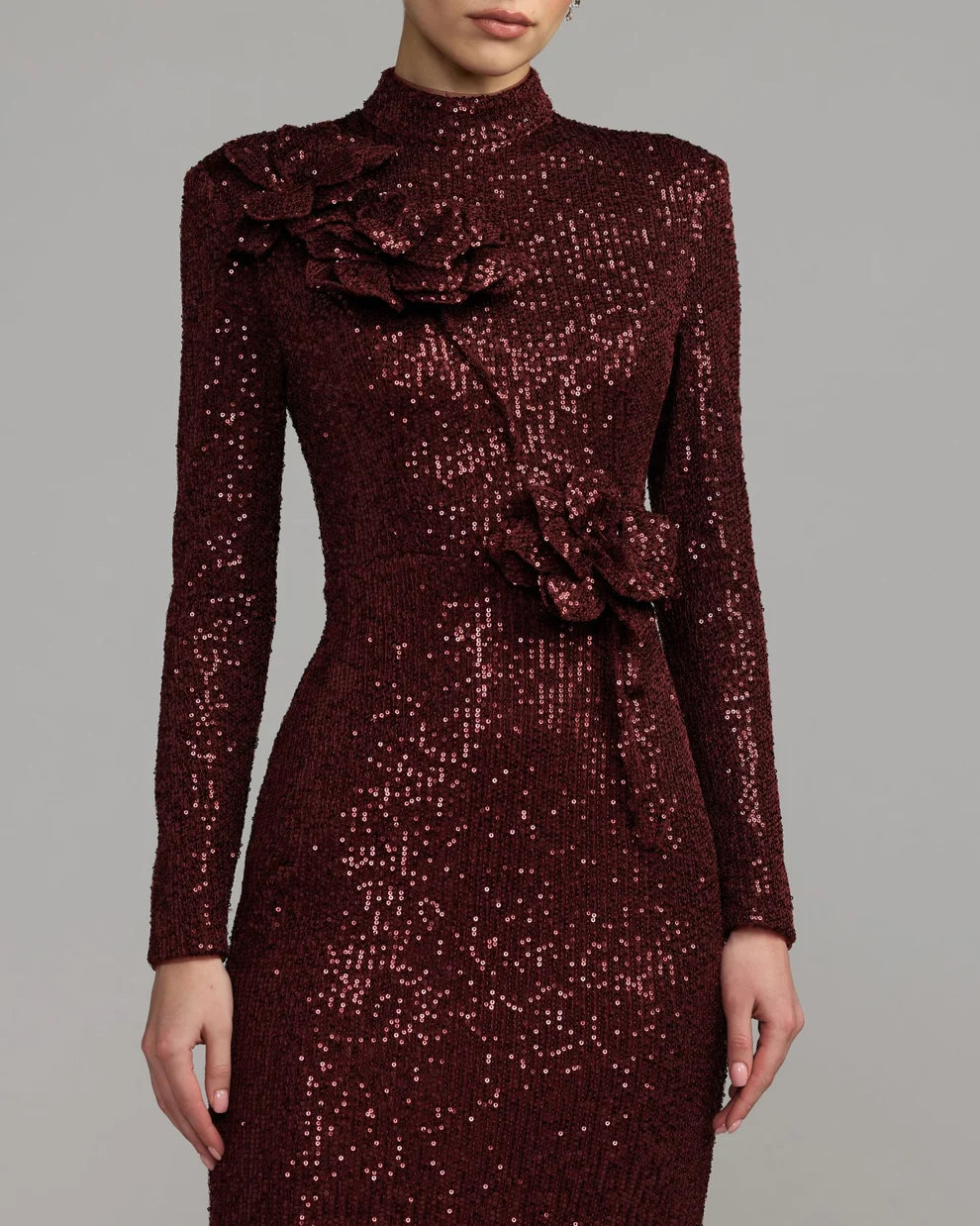 Mac Duggal Mahogany Sequin Gown with Dimensional Floral Embellishments