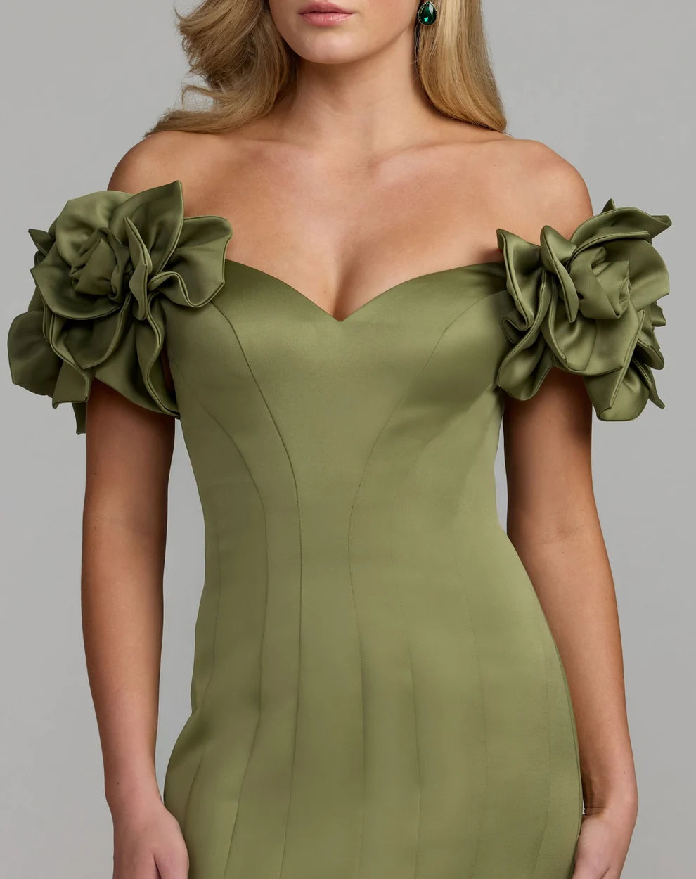 Ieena for Mac Duggal Pear Off-the-Shoulder Gown with 3D Floral Sleeves
