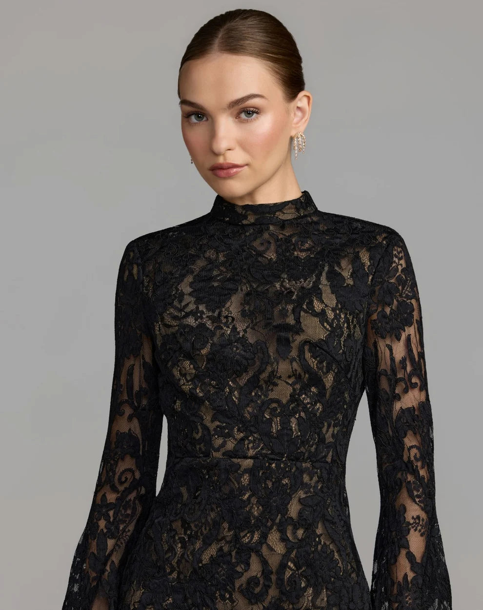 Mac Duggal Black Nude Mock Neck Long Sleeve Lace Gown