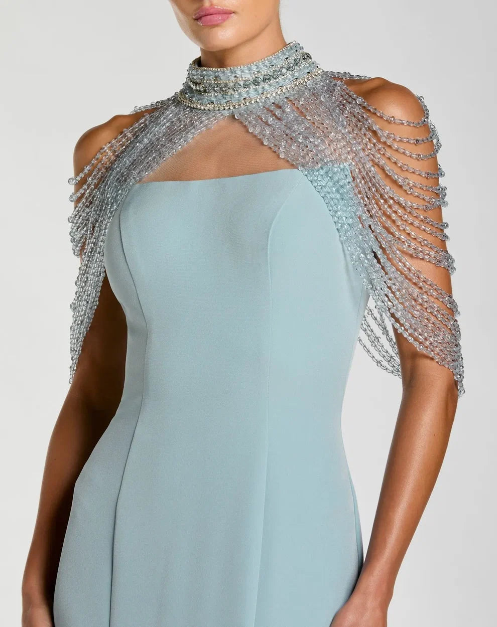 Mac Duggal French Blue Crepe Mermaid Gown with Crystal Draping