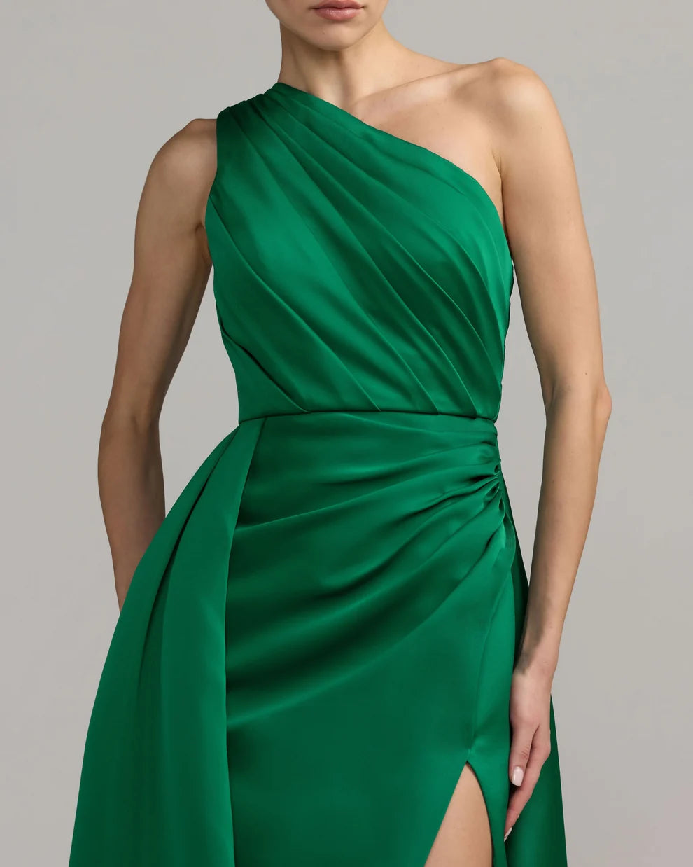 Mac Duggal Emerald One-Shoulder Satin Gown with Overskirt