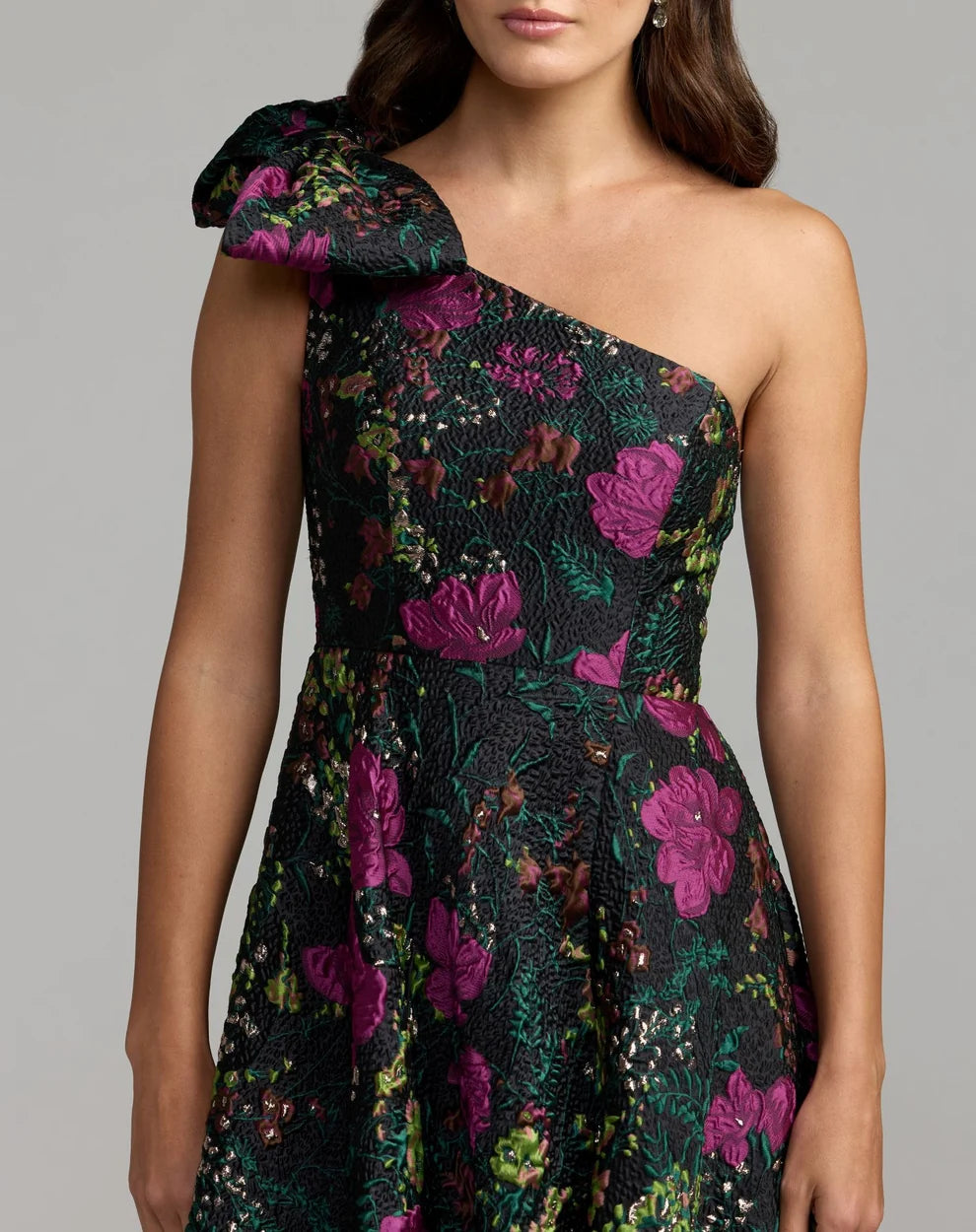 Mac Duggal Petite Black Multi One-Shoulder Brocade Floral Gown with Bow
