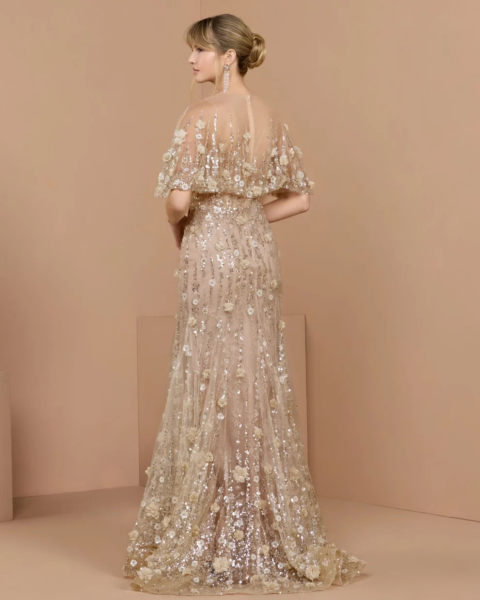 Mac Duggal Almond Embellished Cape Sleeve Evening Gown
