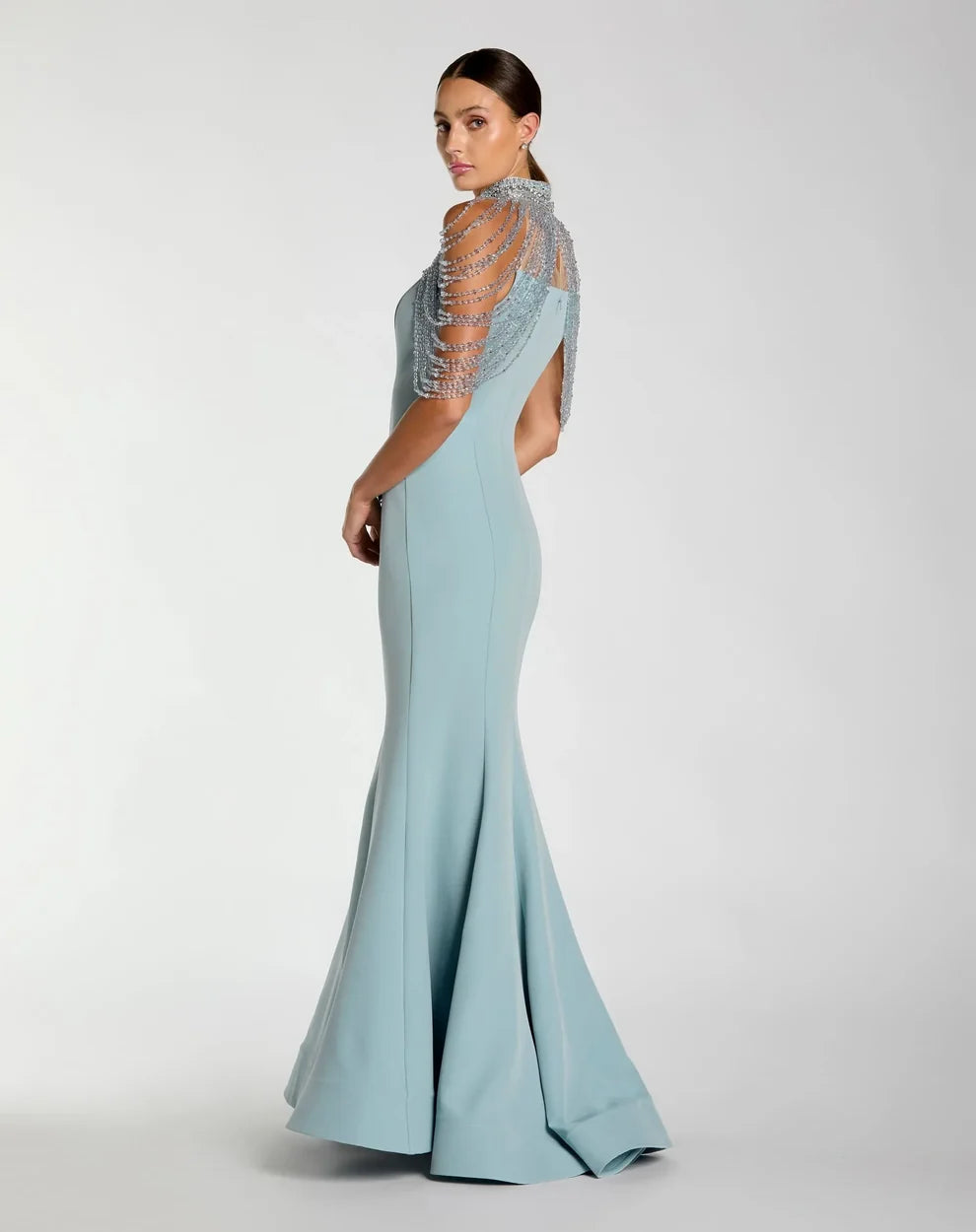 Mac Duggal French Blue Crepe Mermaid Gown with Crystal Draping