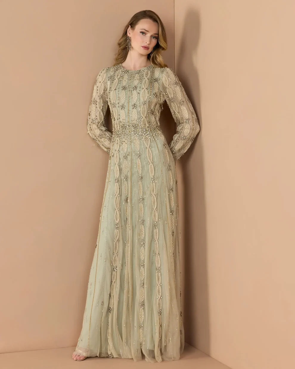 Mac Duggal Nude Sage Embellished Illusion Sleeve A-Line Gown