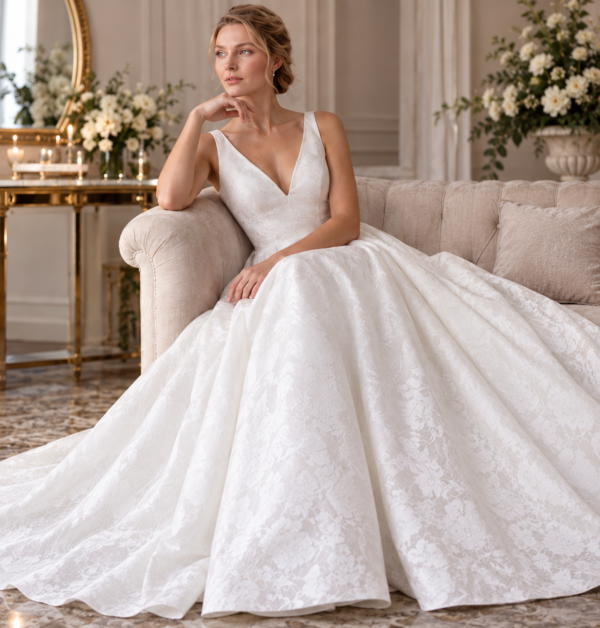 Ivory Brocade A-Line Wedding Gown with Pockets & Keyhole Back