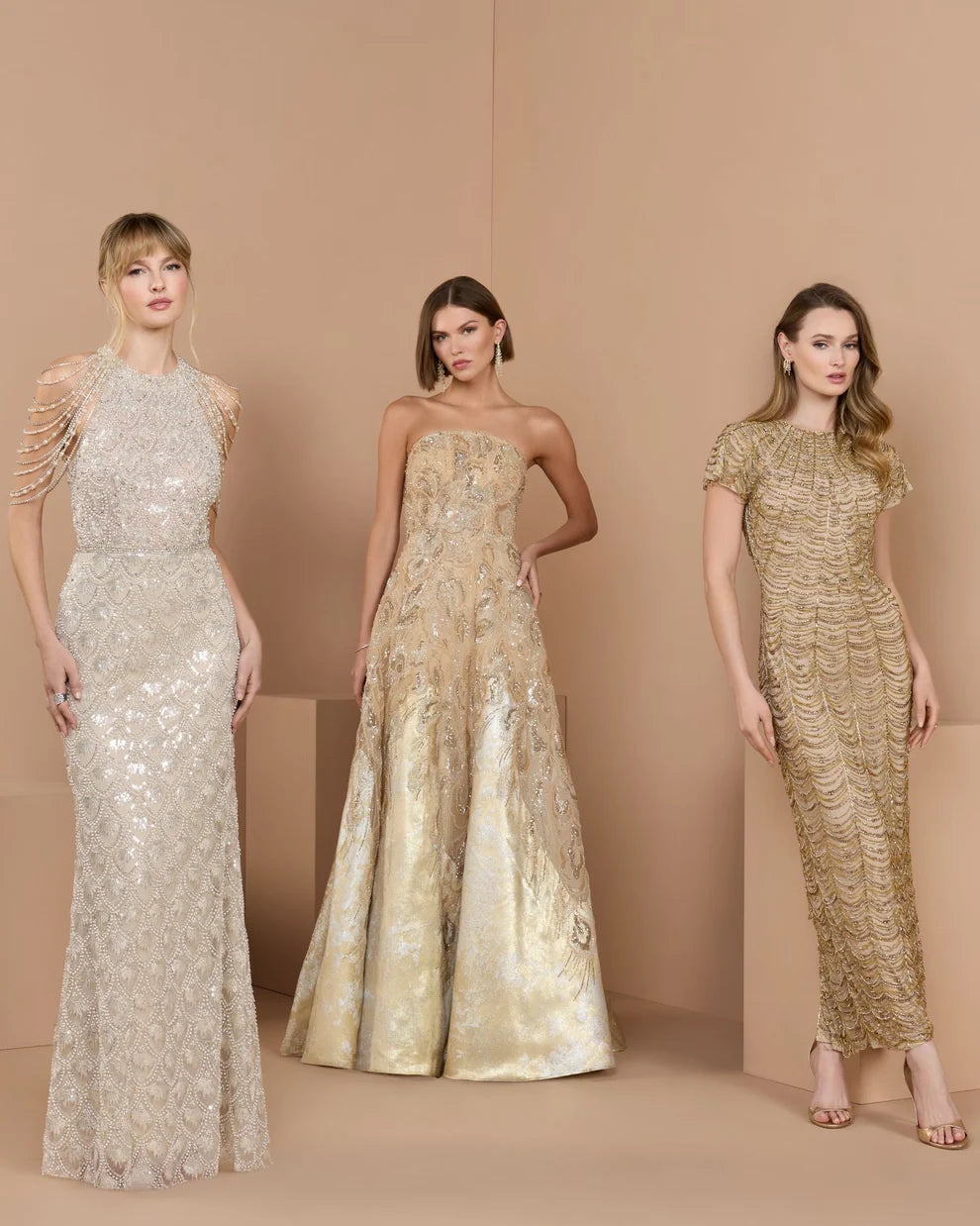 Mac Duggal Champagne Strapless Embellished Brocade A-Line Gown