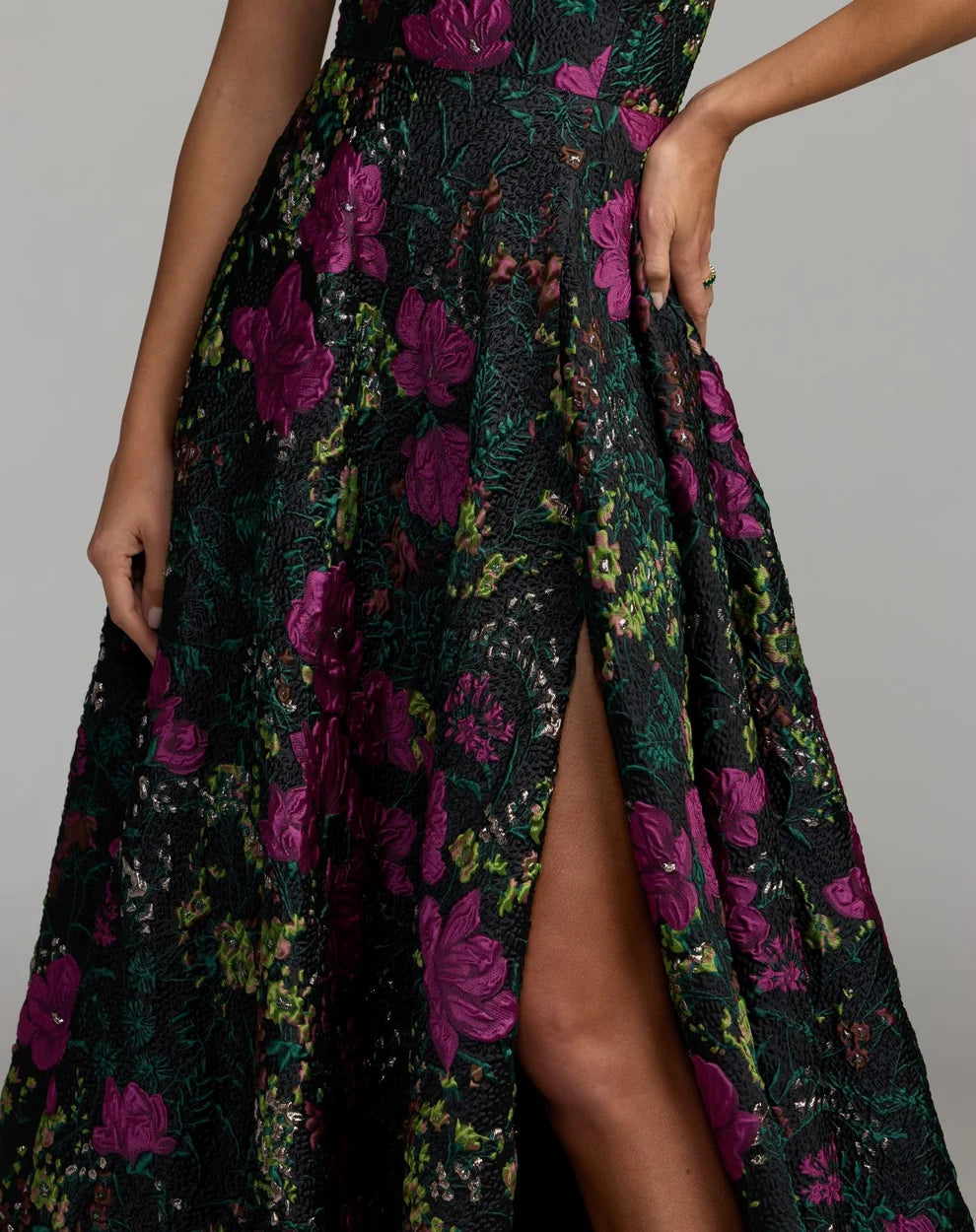 Mac Duggal Petite Black Multi One-Shoulder Brocade Floral Gown with Bow