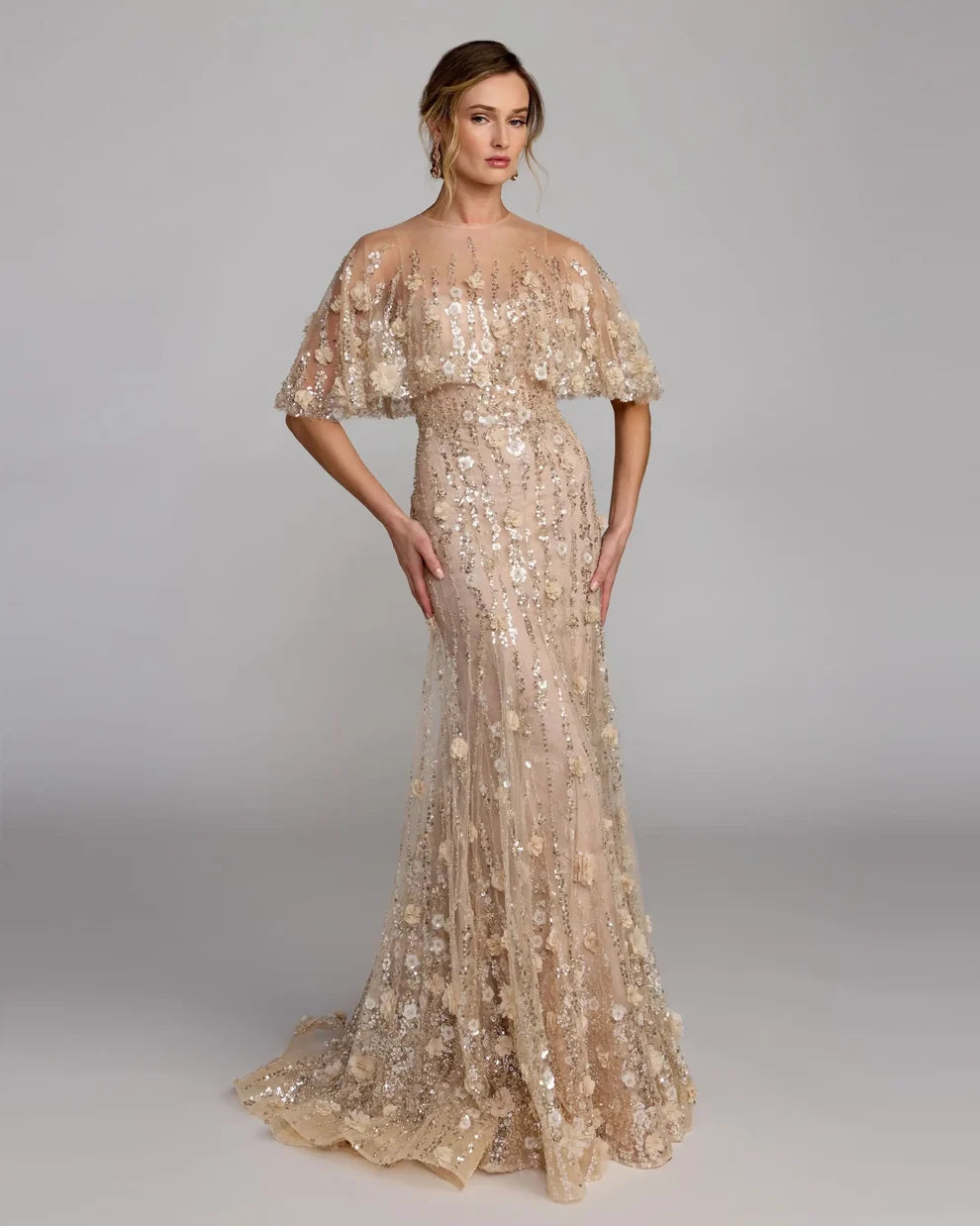 Mac Duggal Almond Embellished Cape Sleeve Evening Gown