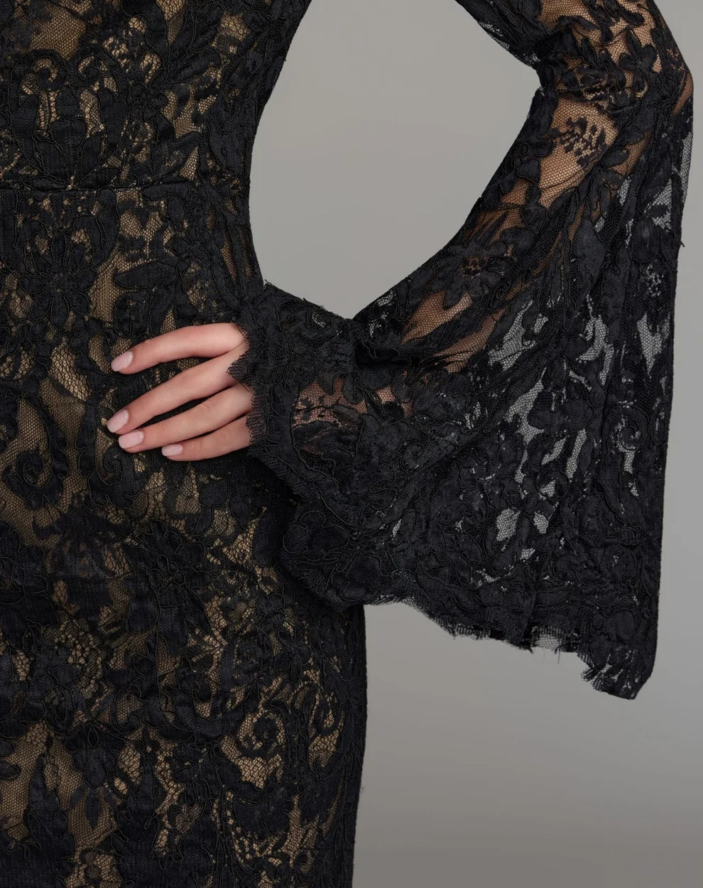 Mac Duggal Black Nude Mock Neck Long Sleeve Lace Gown