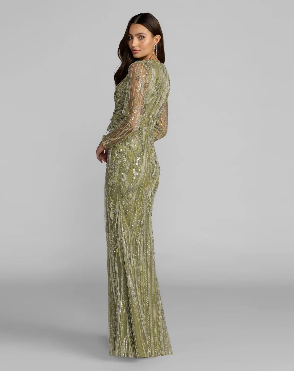 Mac Duggal Pistachio Hand-Embellished V-Neck Column Gown