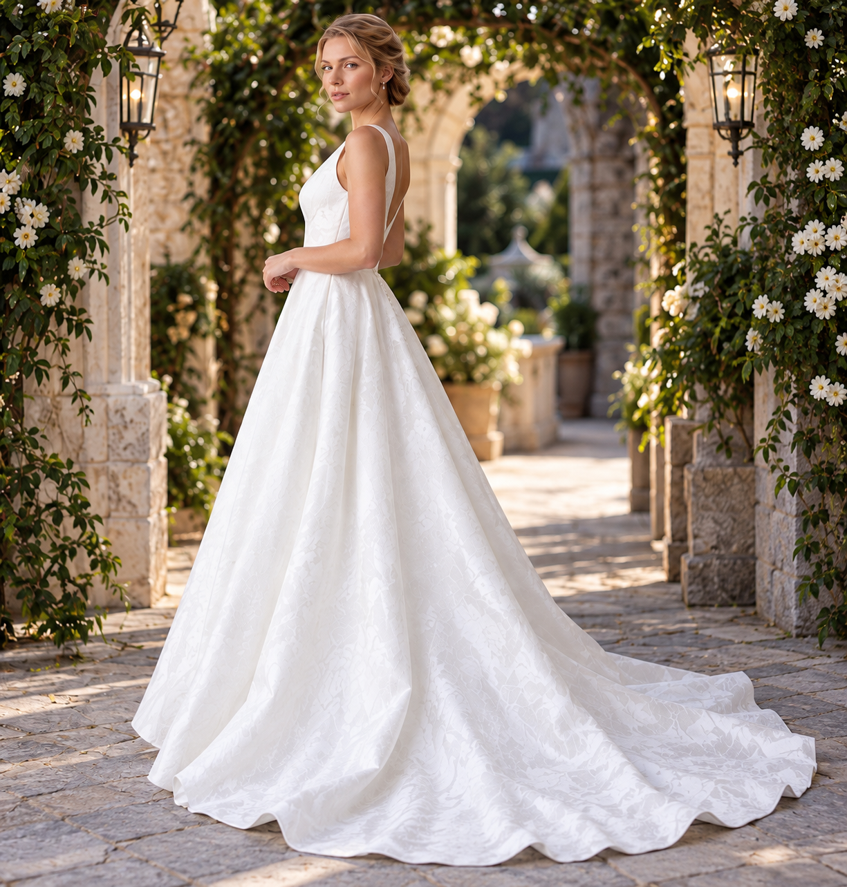 Ivory Brocade A-Line Wedding Gown with Pockets & Keyhole Back