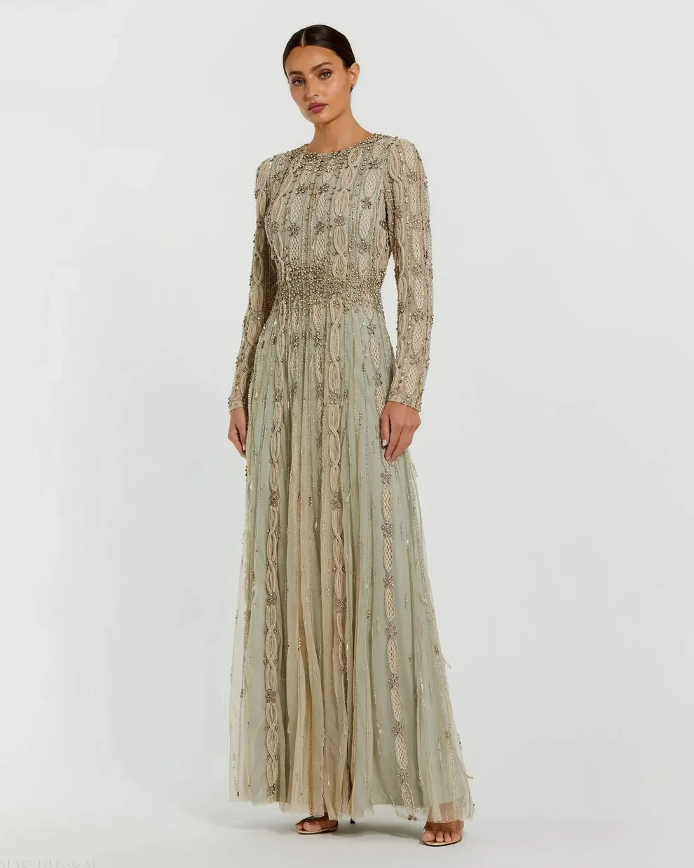 Mac Duggal Nude Sage Embellished Illusion Sleeve A-Line Gown