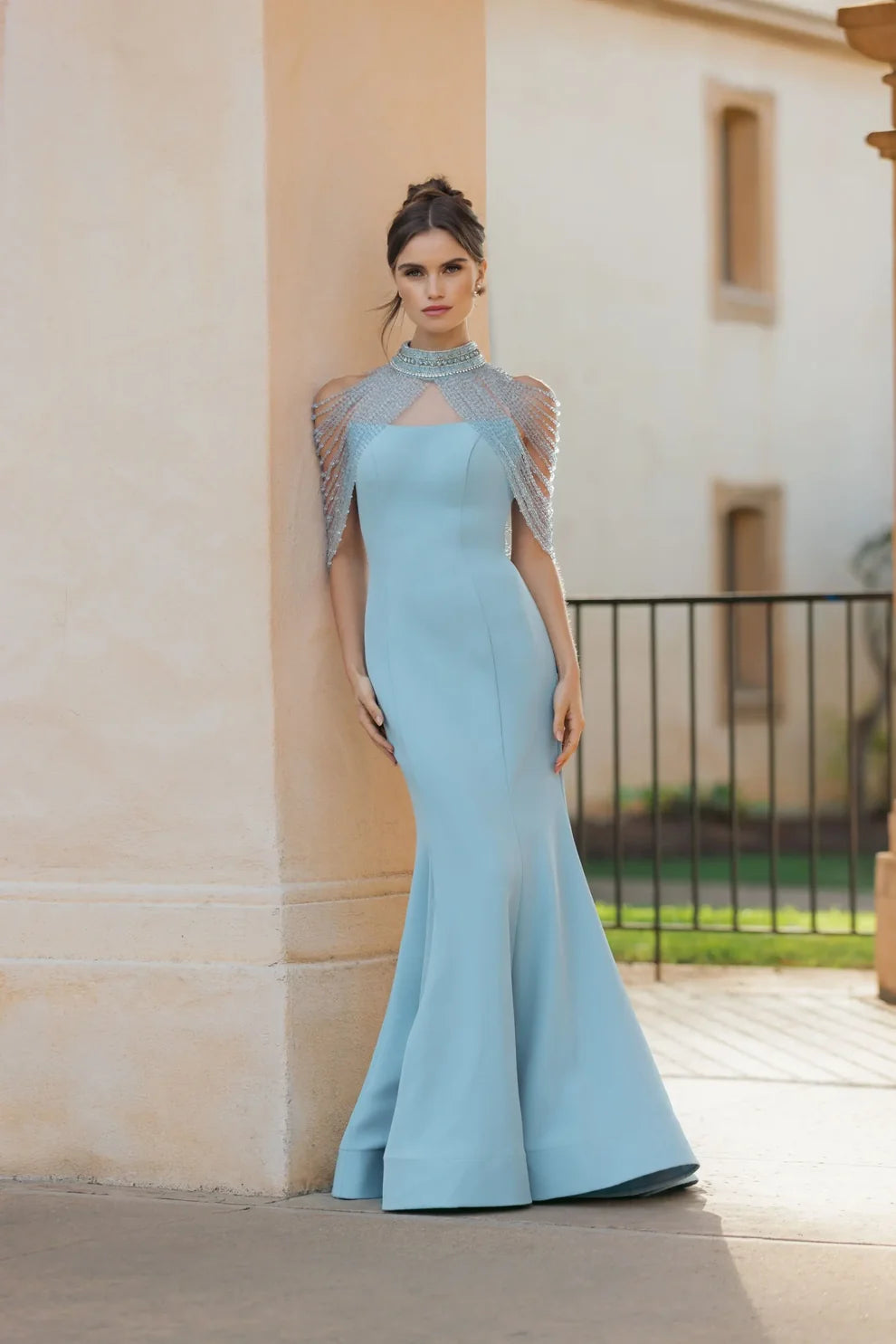Mac Duggal French Blue Crepe Mermaid Gown with Crystal Draping