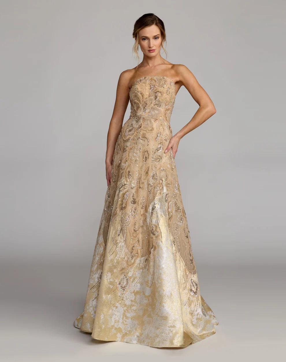 Mac Duggal Champagne Strapless Embellished Brocade A-Line Gown