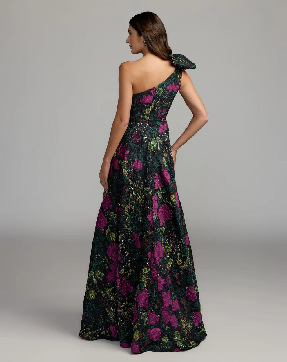 Mac Duggal Petite Black Multi One-Shoulder Brocade Floral Gown with Bow