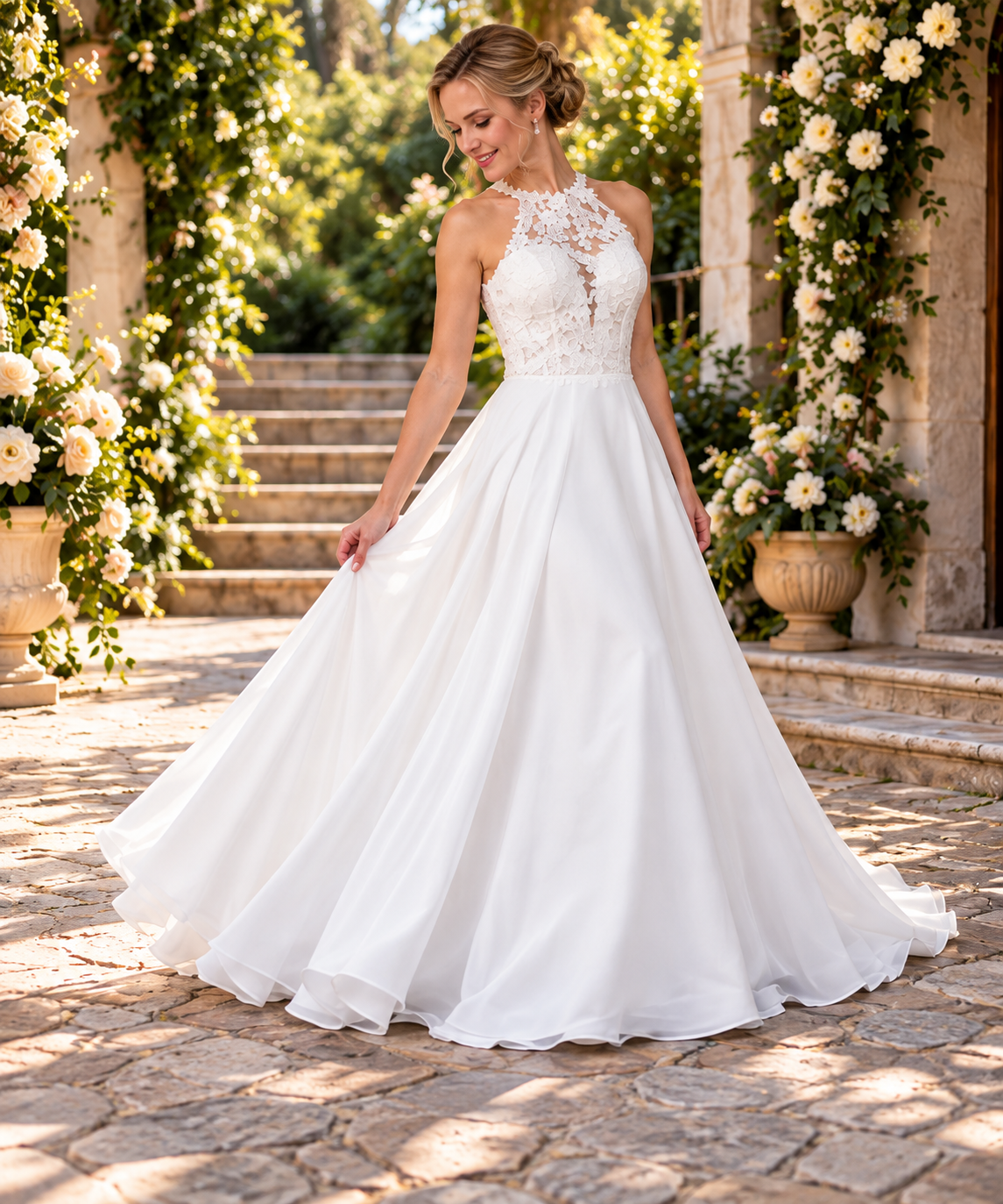 Halter A-Line Wedding Dress with Pockets