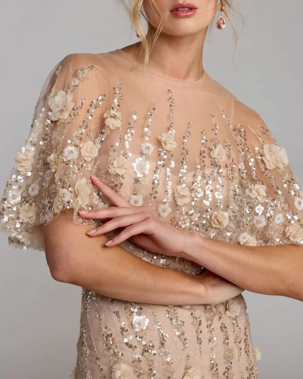 Mac Duggal Almond Embellished Cape Sleeve Evening Gown
