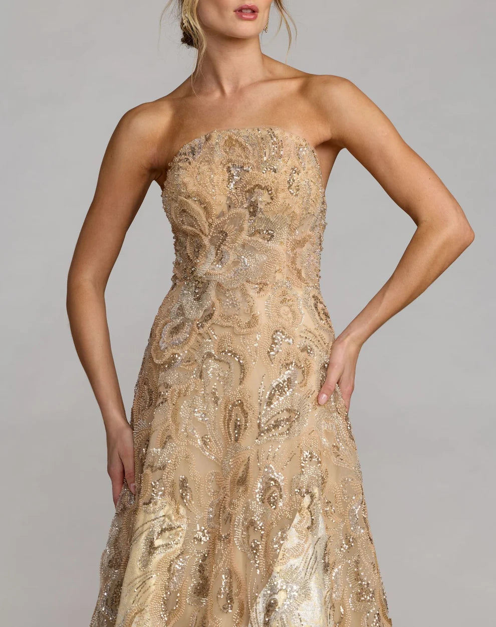 Mac Duggal Champagne Strapless Embellished Brocade A-Line Gown