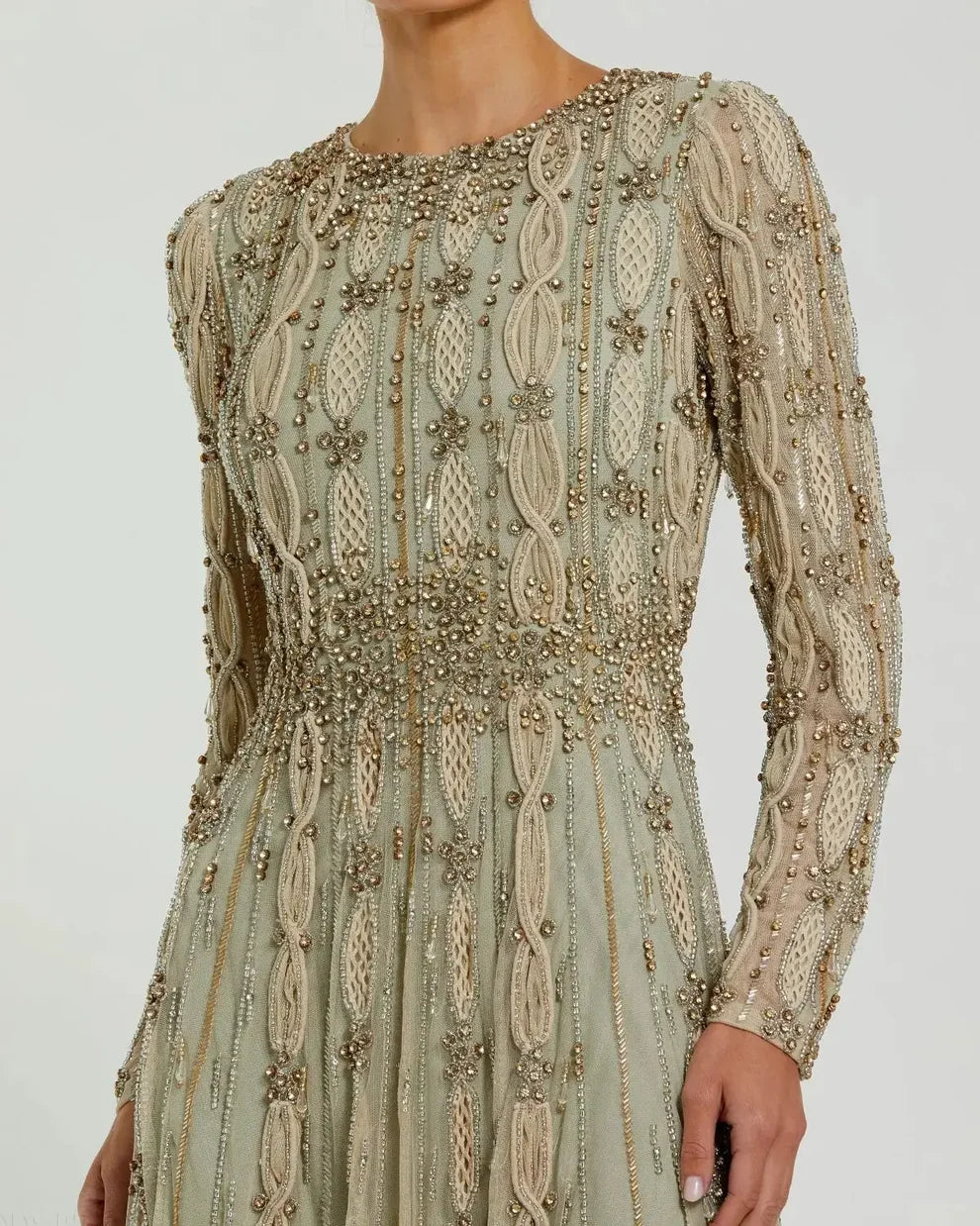 Mac Duggal Nude Sage Embellished Illusion Sleeve A-Line Gown