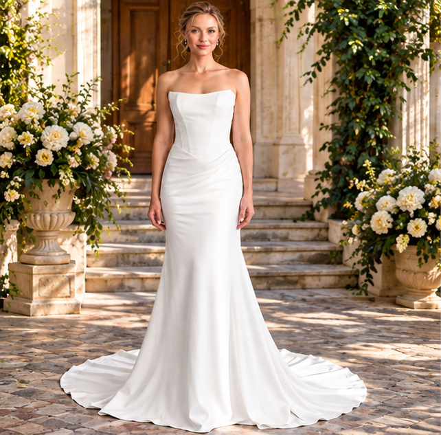 Ivory Crepe Fit-and-Flare Wedding Gown with Basque Waist