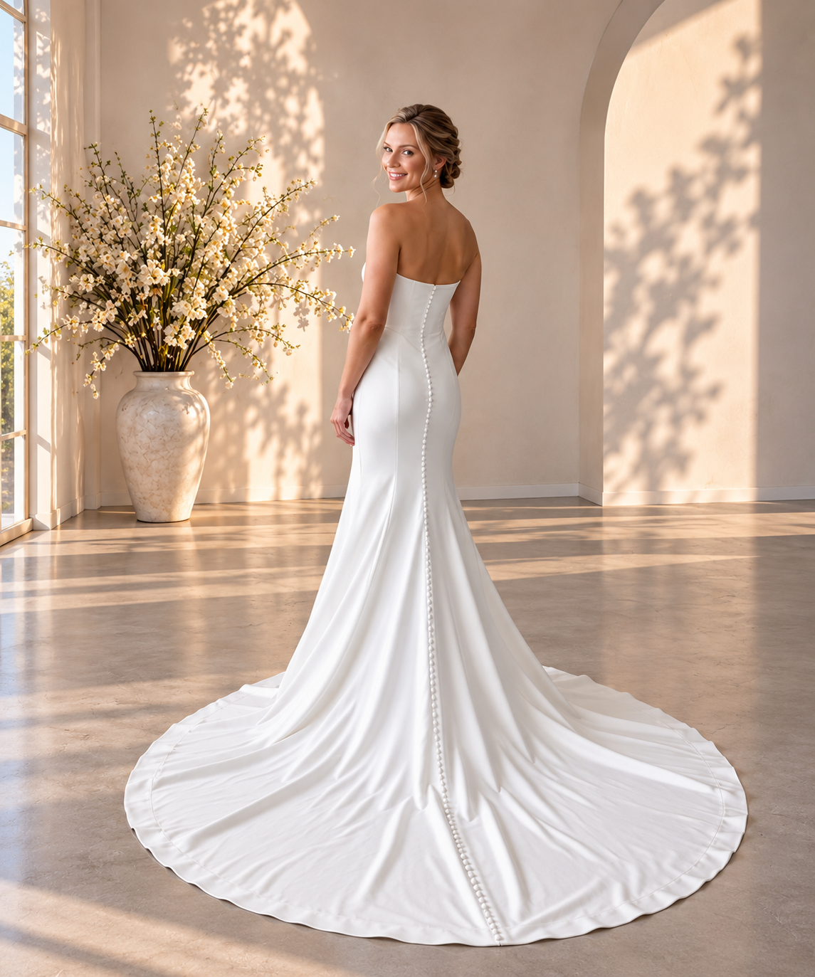Ivory Crepe Fit-and-Flare Wedding Gown with Basque Waist