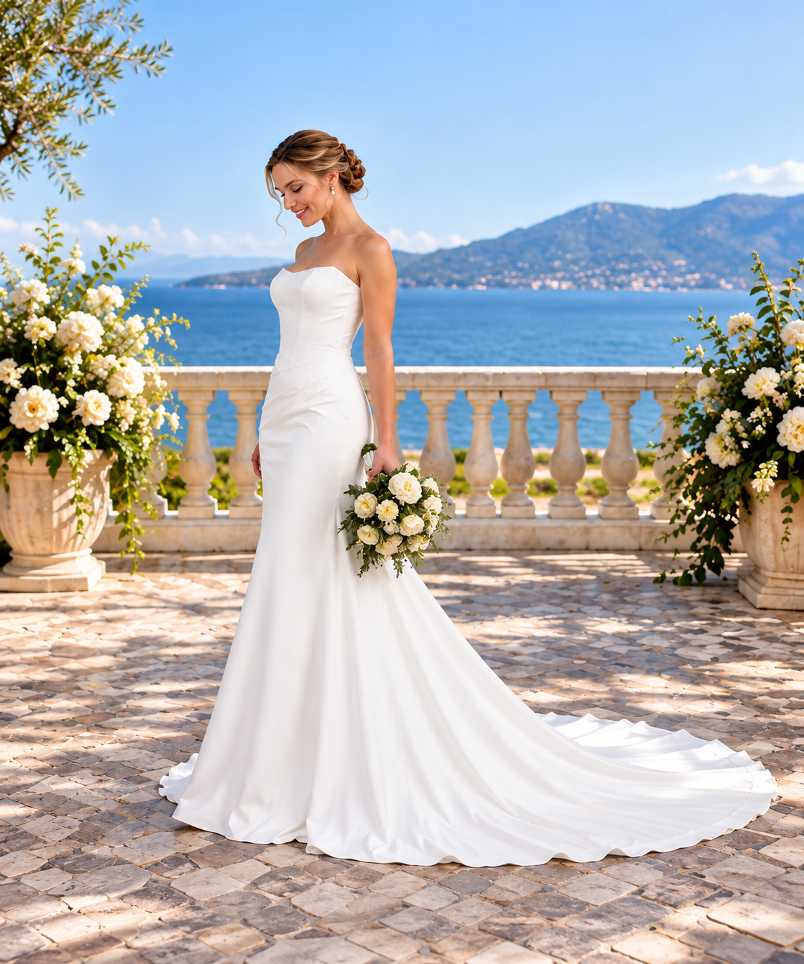 Ivory Crepe Fit-and-Flare Wedding Gown with Basque Waist
