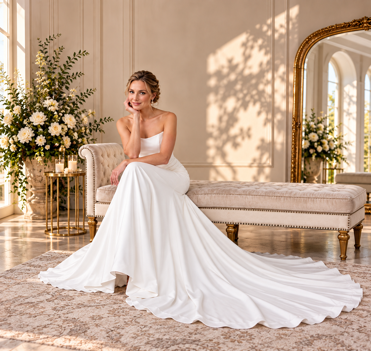 Ivory Crepe Fit-and-Flare Wedding Gown with Basque Waist