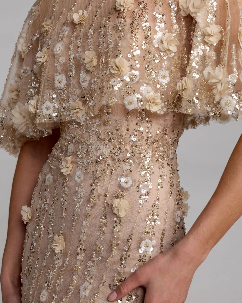 Mac Duggal Almond Embellished Cape Sleeve Evening Gown