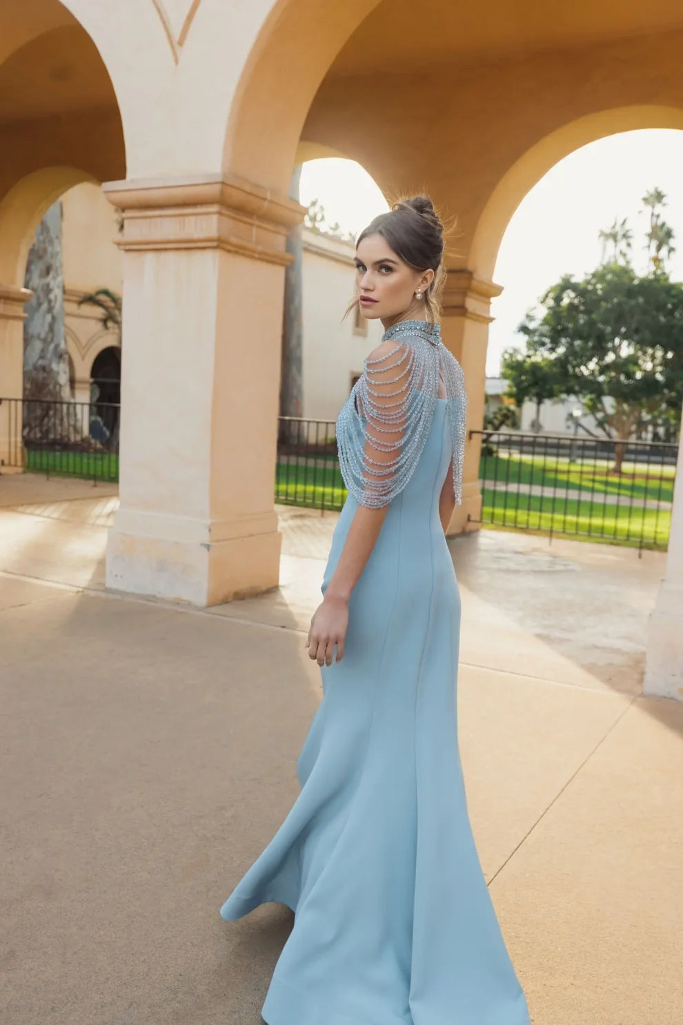 Mac Duggal French Blue Crepe Mermaid Gown with Crystal Draping