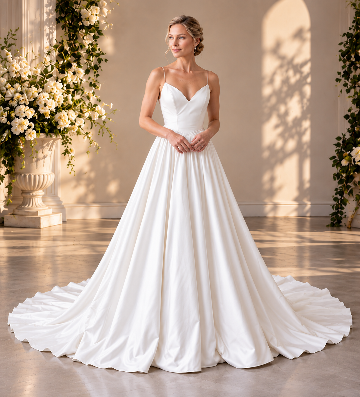 Satin A-Line Wedding Dress with Basque Waist & Pockets